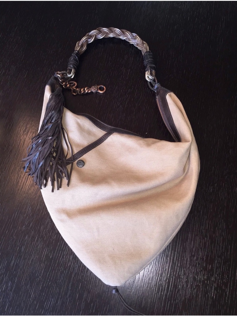 Cesare Paciotti Beige Canvas Shoulder Bag with Dark Brown Leather Trim Wicker